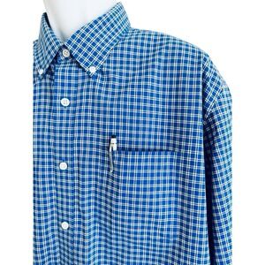 LL BEAN Men Shirt‎ XL TALL Check Teal Wrinkle Free Preppy Button Down